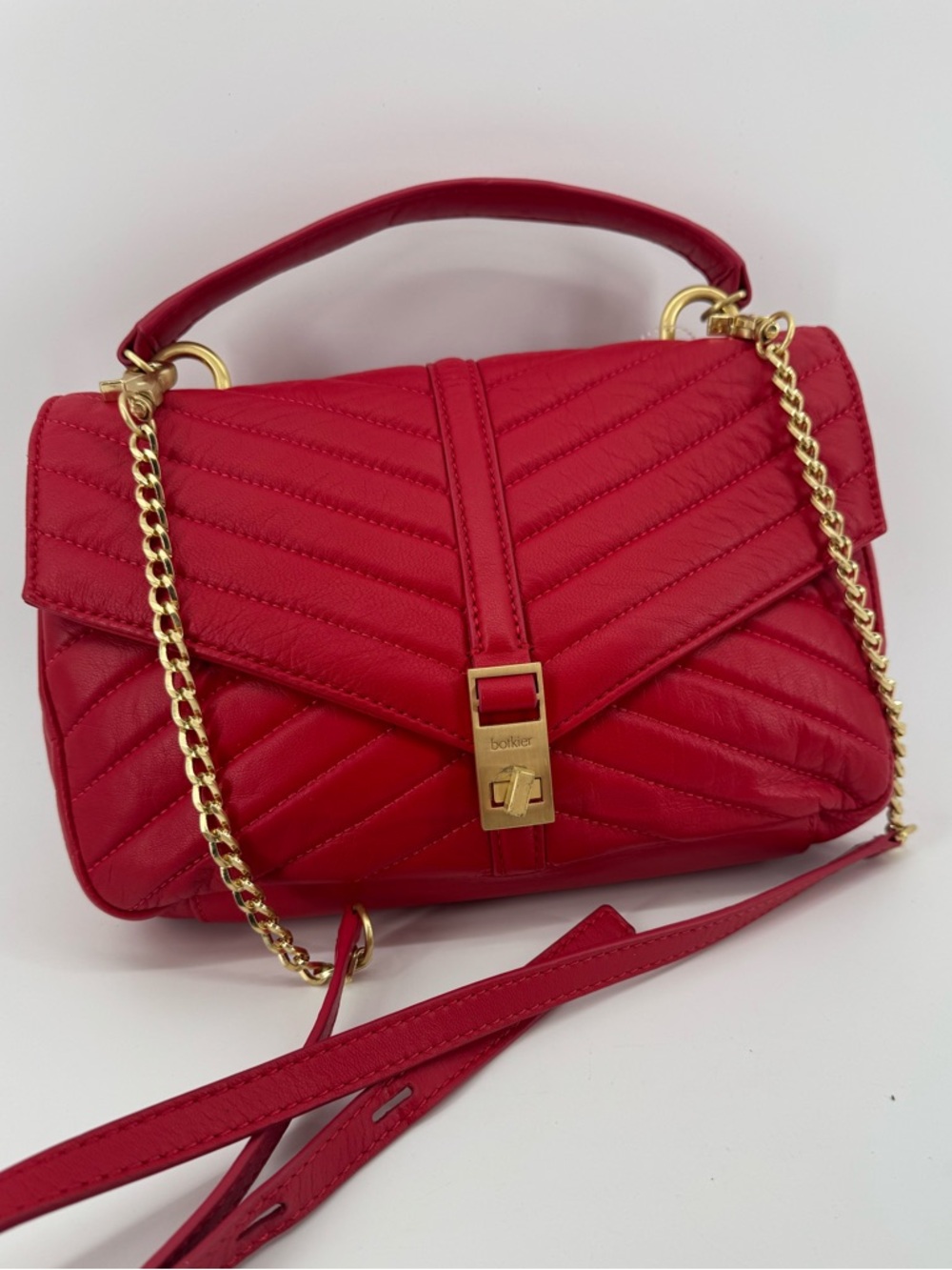 Botkier Dakota Luxury 100 % Leather Crossbody Handbag Hot Red Gold Accents